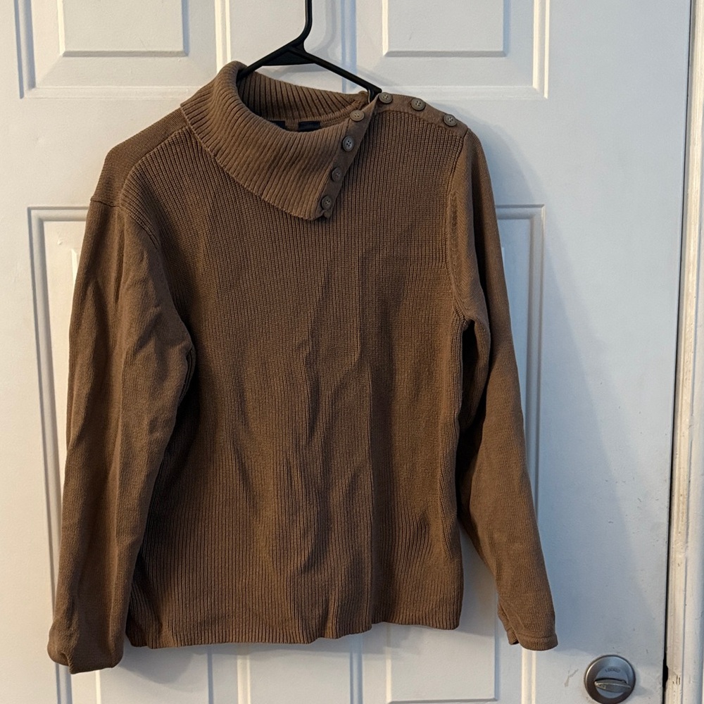 Crazy Horse Camel Colored Sweater. Button detail at neck button to be turtleneck